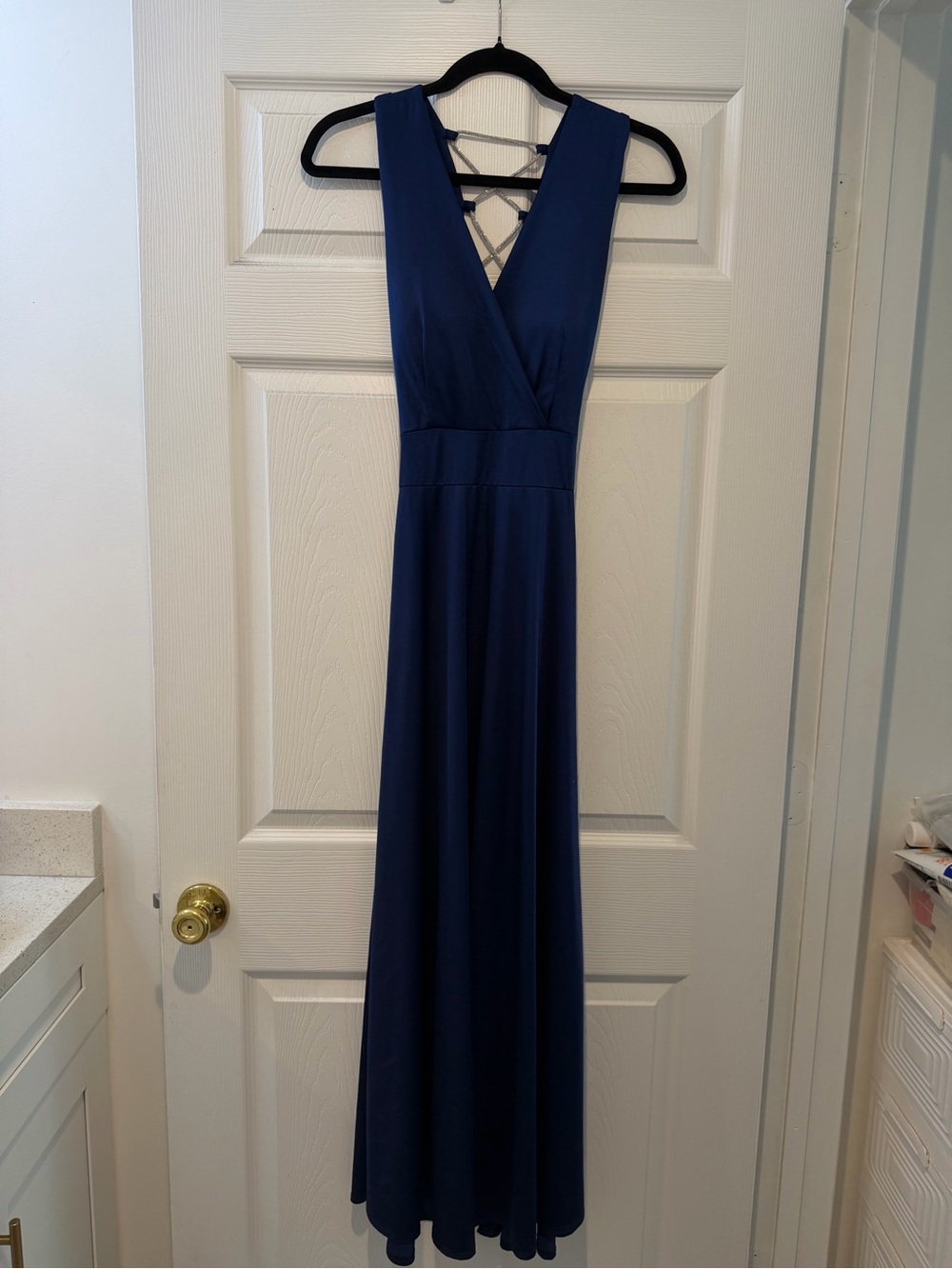 Vintage Navy Blue Maxi Dress with Crisscross Back